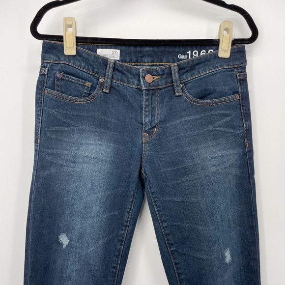 Gap 1969 ALWAYS SKINNY Dark Wash Size 27 Regular Jeans Distressed Womens Midrise - Picture 4 of 6